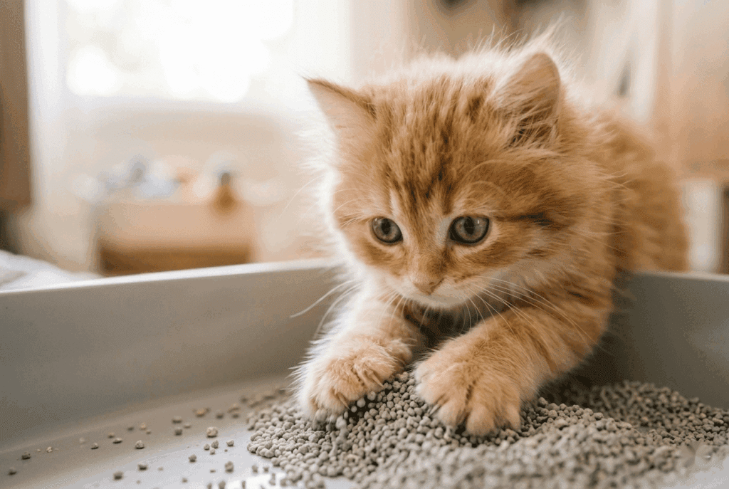 котёнок копает лапками в лотке