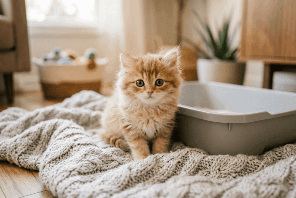 котёнок сидит возле лотка